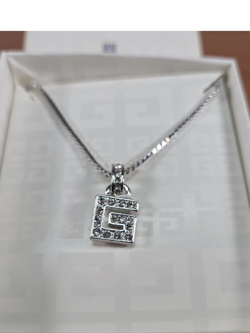 Givenchy G Logo Crystal Square Pendant Silver Tone Necklace/ Never Worn - Picture 2 of 8